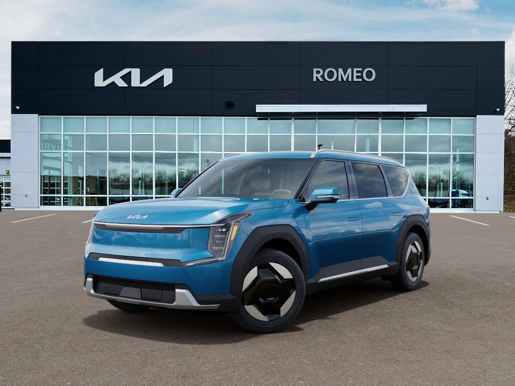 2026 Kia EV9 Wind in Ocean Blue — front three-quarter view