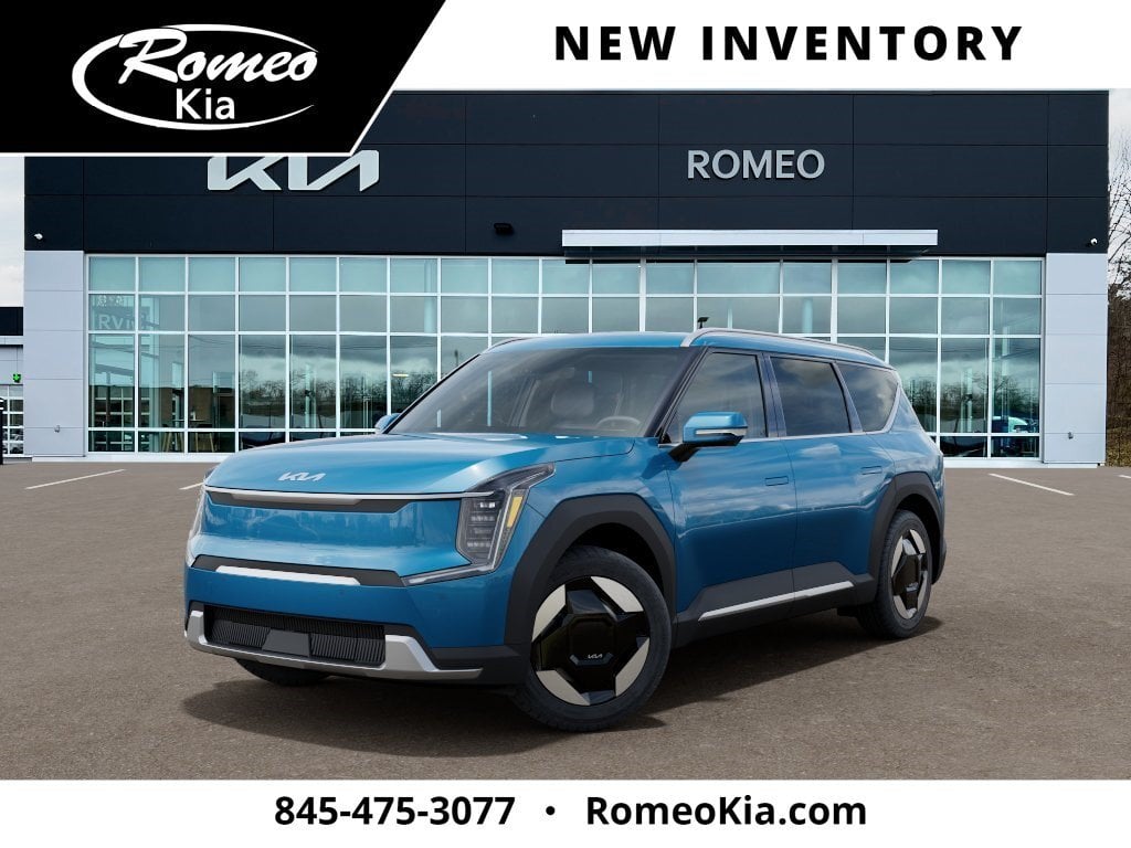 2026 Kia EV9 Wind in Ocean Blue — front three-quarter view