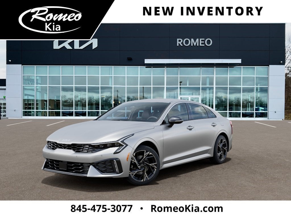 2026 Kia K5 GT-Line in Steel Matte Gray — front three-quarter view
