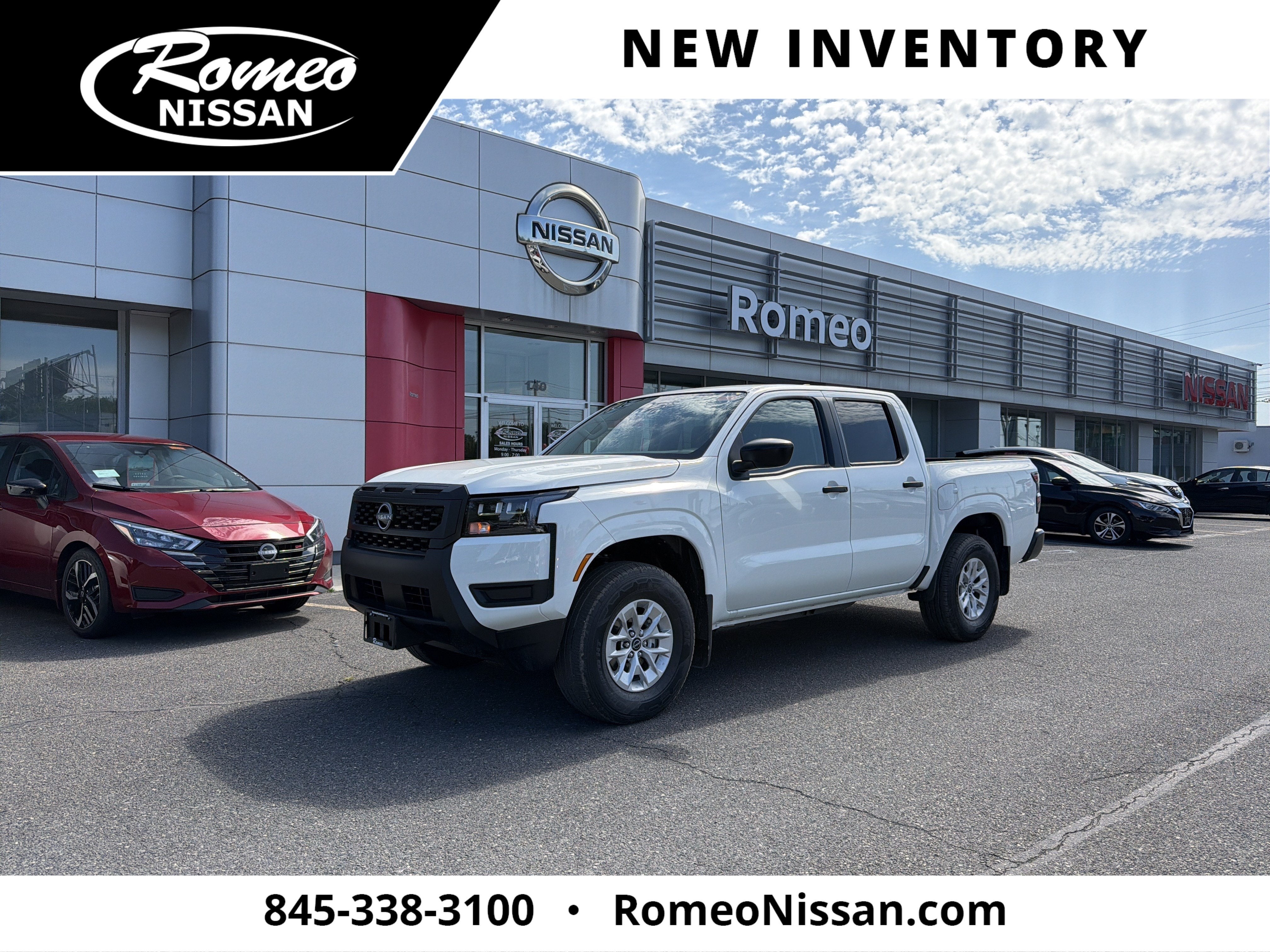 2026 Nissan Frontier S in Glacier White — front three-quarter view