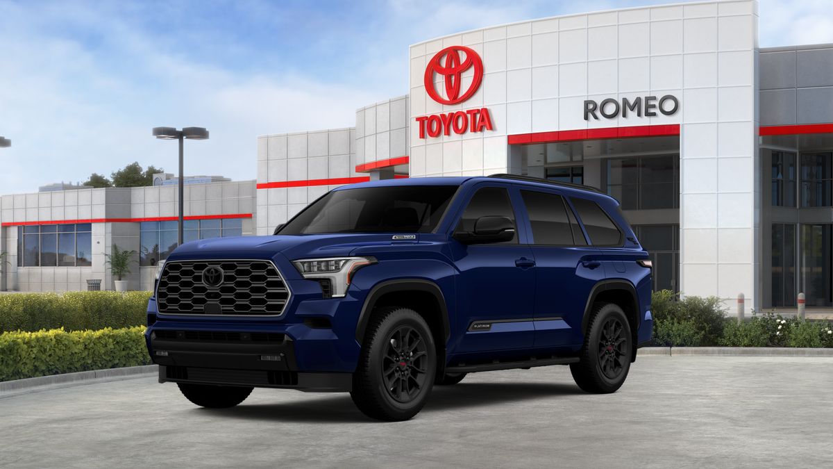 2026 Toyota Sequoia Platinum in Blueprint — front three-quarter view