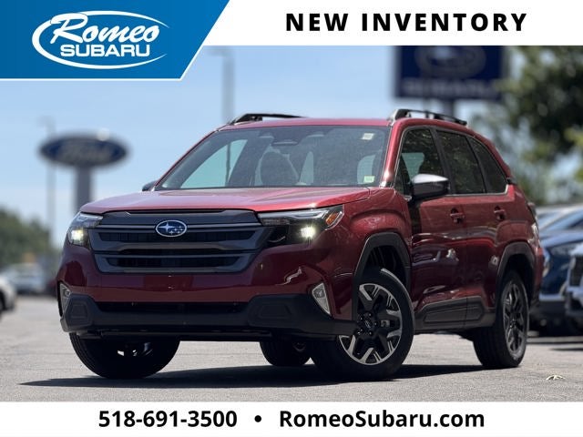 2026 Subaru FORESTER Limited Hybrid in Crimson Red Pearl — front three-quarter view